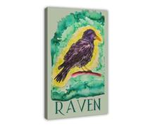 Minimalist Green And Yellow Crow Bird Watercolor Painting Canvas Poster Bedroom Decor Landscape Office Room Decor Gift 12x18inch(30x45cm)