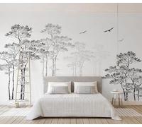 Minimalist Hand Drawn Black and White Forest Flying Birds 3D Wallpaper Premium Textured Silk Study Dining Living Room Bedroom Sofa TV Wall Easy Install-250cm×170cm
