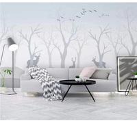 Minimalist Hand Drawn Forest Flying Birds Elk 3D Wallpaper Silky Texture Home Study Office Grey Dining Room Sofa Bedroom Living Room TV Backdrop-200cm×140cm