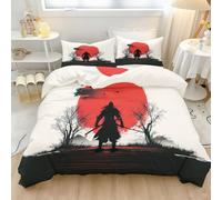 Minimalist Illustration Red And Black Duvet Set Soft, Samurai Red Sun Plants Printed Bedding Set Brushed, Microfiber Duvet Cover with 120 x 150 cm Pillowcases Suitable for Young Adults
