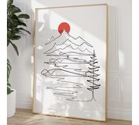 Minimalist Landscape Art Black Line Picture Red Sun Wall Art Boho Landscape Painting Black and White Plant Pictures Abstract Mountain Poster Boho Plant Line Wall Art for Living Room 16x24in Frameless