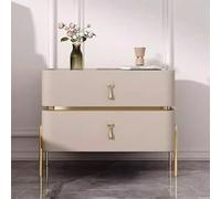 Minimalist Leather Nightstand with 2 Drawers - Modern Cream Bedside Table, Beige & Gray - Stylish Wooden Nightstand for Bedroom Storage, Metal Handle, 40x40x50CM.