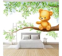 Minimalist Leaves Branches Animals Bears Wall Mural Photo Wallpaper, Green Non-Woven Feature Wall Decor for Living Room, Bedroom & Study 250 x 175 cm
