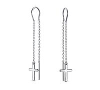 Minimalist Light Weight Linear Long Religious Chain Dangle Spiritual Religious Cross Threader Earrings For Women Teen .925 Sterling Silver Stabilizing U Wire Hook SM