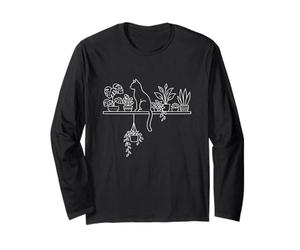 Minimalist Line Art Cat Gardening Boho Botanical Cat Long Sleeve T-Shirt