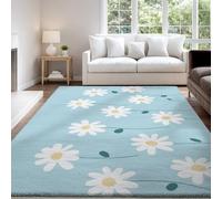 Minimalist Lines Elegant Fresh Area Rug 120 x 170 cm Washable Rugs Carpet Indoor Non-Slip Floor Mat Blue White Flowers Floor Carpet for Modern Living Room