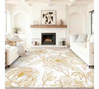 Minimalist Luxury Easy Care Low Pile Rugs 80 x 150 cm, Plant Peony Leaf Washable Super Soft Anti skid Backing Carpet, for Living Room Bedroom Kitchen, White Gold