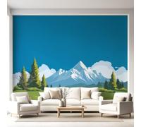 Minimalist Modern Landscape Scandi Style Wall Mural, Non-Woven Wallpaper 280 x 400 cm Wallpaper The Alps Sky Denim Blue Living Room Nursery Playroom Bedroom Decor