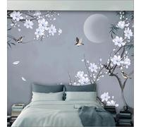 Minimalist Moon Branches Flowers Flying Birds 3D Wallpaper Premium Textured Silk Study Dining Living Room Bedroom Sofa TV Wall Easy Install-200cm×140cm