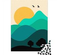 Minimalist Mountain Landscape with Birds Travel Puzzle 1000 Pieces, Retro Travel Poster Artwork, Interlocking Paper Pieces, Mindful Activity for Adults, 52x38cm/1000pcs