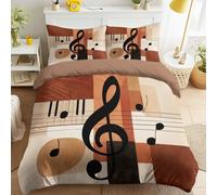 Minimalist Music Queen Duvet Cover Set Soft Lightweight Abstract Piano Keys Musical Notes Bedding Set with 2 Pillowcases Kids Adults Teens Quilt Cover with Zipper Closure, Brown