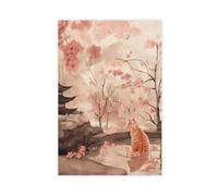 Minimalist, Neutral, Zen-inspired Japanese Cherry Blossom Cat Animal Art Decoration Canvas Poster Wall Art Decor Print Picture Paintings for Living Room Bedroom Decoration 12" L X 18" W
