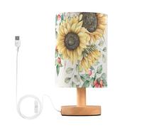 Minimalist Night Stand Light Lamp - Autumn Robin Redbreast Sunflowers Floral Bedside Table Lamp with USB Port,Wood Base Round Flaxen Fabric Shade Desk Reading Lamp for Living Room Office Dorm