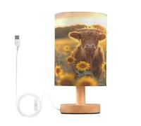 Minimalist Night Stand Light Lamp Highland Cows Sunset Bedside Table Lamp with USB Port,Wood Base Round Flaxen Fabric Shade Desk Reading Lamp for Living Room Office Dorm
