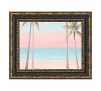 Minimalist Palm Tree Sunset Poster, Pink Blue Sky Beach Painting, Symmetric Tropical Wall Art Print for Modern Living Room Bedroom Decor, Calm Coastal Home Decor Retor Black Frame 11" L X 14" W