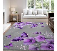 Minimalist Peaceful Elegant Area Rug 160 x 230 cm Washable Rugs Carpet Indoor Non-Slip Floor Mat Gray Purple Butterfly Flowers Floor Carpet for Living Room
