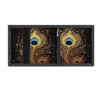 Minimalist Peacock Feather Gold Design Trifold Wallet for Men | Slim Front Pocket with Key Hook | Extra Capacity Billfold with 8 Card Slots | 1 Clear Id Window | 1 Zip Coin Pocket | Gift for Him