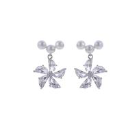 Minimalist Pearl Windmill Stud Earrings, Cubic Zirconia Accent Dangle Jewelry, 925 Silver Ear Posts (3g, 2.1x1.4cm)