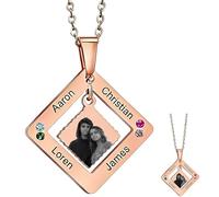 Minimalist Personalized Birthstone Necklace, Modern Rhombus Photo Engraved Pendant, Dainty Stainless Steel Everyday Jewelry Gift for Women, Customized for Her (Rose Gold)