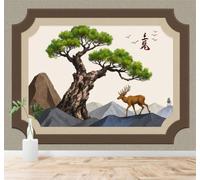 Minimalist Pine Tree Deer Hills Flying Birds 3D Wallpaper Premium Textured Silk Study Dining Living Room Bedroom Sofa TV Wall Easy Install-430cm×300cm