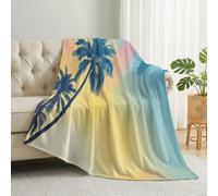Minimalist Plant Soft Cozy Flannel Throw Blanket 100 x 130 cm, Palm Tree Sun Washable Lightweight Blanket For Home Office Room Bed Sofa Chair Gifts, Yellow Blue Anti-Pilling Breathable Throw Blankets