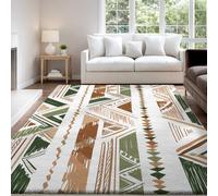 Minimalist Primitive Ethnic Area rug 80 x 150 cm, Brown Green Geometric Tribal Pattern Short Pile Indoor Carpet for Living Room, Non Slip Washable Carpet
