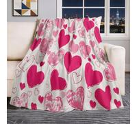 Minimalist Romantic Lightweight Comfortable Blanket, Hearts Lines Pattern Machine Washable Throw Blanket, Pink Soft Flannel Throw for Bedroom Couch Sofa Office and Travel, 100 x 130 cm