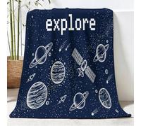 Minimalist Science Fiction Soft Flannel Throw Blanket 150 x 200 cm, Pixel Blocks Stars Lightweight Warm Bed Blanket for Chair Couch, White Blue Fluffy Plush Fuzzy Blankets for Bedding Sofa and Travel