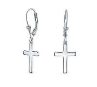 Minimalist Simple Small Religious Dangle Cross Earrings For Women Teen Secure Lever Back .925 Sterling Silver