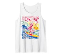 Minimalist Skeleton Surfer Riding Wave and Sunset Line Art Tank Top