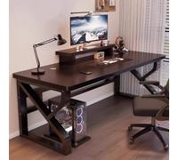 Minimalist Solid Wood Computer Desk with Monitor Stand, Industrial Wooden PC Gaming Workstation Computer Desk Rustic Real Wood Desk for Home Office(39 Inch, D)