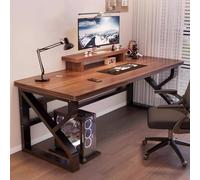 Minimalist Solid Wood Computer Desk with Monitor Stand, Industrial Wooden PC Gaming Workstation Computer Desk Rustic Real Wood Desk for Home Office(47 Inch, A)