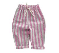 Minimalist Striped Linen Harem Pants for Boys Elastic Waist Casual Daily Trousers Infant Baby Toddler Spring Summer Wear (6-9 Months) Hot Pink