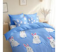 Minimalist Style Animal Rabbit Duvet Cover Super King 260 x 220 cm, with 2 Pillowcases, Light Blue Ultrasoft Hypoallergenic Quilt Easy Care, Washable - Reversible Design For All Seasons