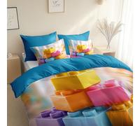 Minimalist Style Cartoon Building Blocks Duvet Cover Single 135 x 200 cm, with 2 Pillowcases, Ocean Blue Ultrasoft Hypoallergenic Quilt Easy Care, Washable - Reversible Design For All Seasons