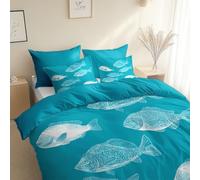 Minimalist Style Hand-Painted Fish Duvet Cover Sets, Double 200 x 200 cm - 3 Pcs Bedding Set Navy Blue Bedding Set, Soft Comfy Breathable Quilt Cover, Hypoallergenic