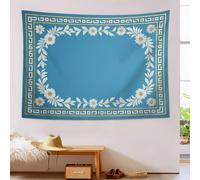 Minimalist Tapestry Blue White Greek Key Pattern Floral Wall Hanging - Full Size Bedspread, Picnic Sheet, Walls Decor, Blanket, Walls Art for Bedroom (180 * 230cm)