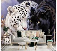 Minimalist Three Dimensional Animals White Snow Leopard Black Leopard In A Tight Embrace 3D Wallpaper Silky Texture Home Study Office Grey Dining Room Sofa Bedroom Living Room TV Backdrop-200cm×140cm