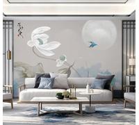 Minimalist Three Dimensional Lotus Moon Flying Birds 3D Wallpaper Silky Texture Home Study Office Grey Dining Room Sofa Bedroom Living Room TV Backdrop-400cm×280cm