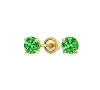 Minimalist Tiny Cubic Zirconia Green Simulated Emerald CZ Round Solitaire Stud Earrings Real Yellow Gold Screw Back 3MM
