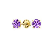Minimalist Tiny Cubic Zirconia Purple Simulated Amethyst CZ Round Solitaire Stud Earrings Real Yellow Gold Screw Back 3MM