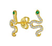 Minimalist Tiny Garden Reptile CZ Pave Egyptian Green Eyed Serpent Snake Stud Earrings For Women Yellow Gold Plated .925 Sterling Silver