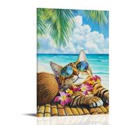 Minimalist Tropical Cat Wall Art, Summer Beach Themed Canvas Prints Hanging Paintings Poster, Exotic Pet Art Decor Perfect for Living Room Bedroom Bathroom Mode 20x30inch(50x75cm)