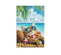 Minimalist Tropical Cat Wall Art, Summer Beach Themed Canvas Prints Hanging Paintings Poster, Exotic Pet Art Decor Perfect for Living Room Bedroom Bathroom Mode 08x12inch(20x30cm)