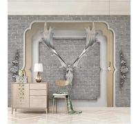 Minimalist Vintage Brick Walls Deer Heads Decoration Three Dimensiona 3D Wallpaper Silky Texture Home Study Office Grey Dining Room Sofa Bedroom Living Room TV Backdrop-400cm×280cm