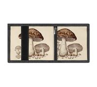 Minimalist Vintage Mushrooms Drawing Trifold Wallet for Men | Slim Front Pocket with Key Hook | Extra Capacity Billfold with 8 Card Slots | 1 Clear Id Window | 1 Zip Coin Pocket | Gift for Him