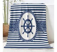 Minimalist Vintage Soft Washable Throw Blanket, White Blue Fluffy Warm Throw Blankets for All Season, Ship's Wheel Rope Knot Printed Cozy Flannel Fleece Blanket for Couch Bed Sofa Chair, 150 x 200 cm