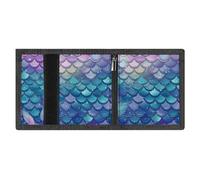 Minimalist Water Lily Mermaid Scales Trifold Wallet for Men | Slim Front Pocket with Key Hook | Extra Capacity Billfold with 8 Card Slots | 1 Clear Id Window | 1 Zip Coin Pocket | Gift for Him