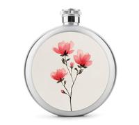 Minimalist Watercolor Flowers on Stem Stainless Steel Hip Flask for Liquor, Round Pocket Portable Wine Flask for Drink 5 Oz