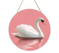 Minimalist Watercolor Swan On Pink Romantic Wooden Welcome Sign For Front Door,30cm Round Hanging Wall Sign Plaque Farmhouse Decorations